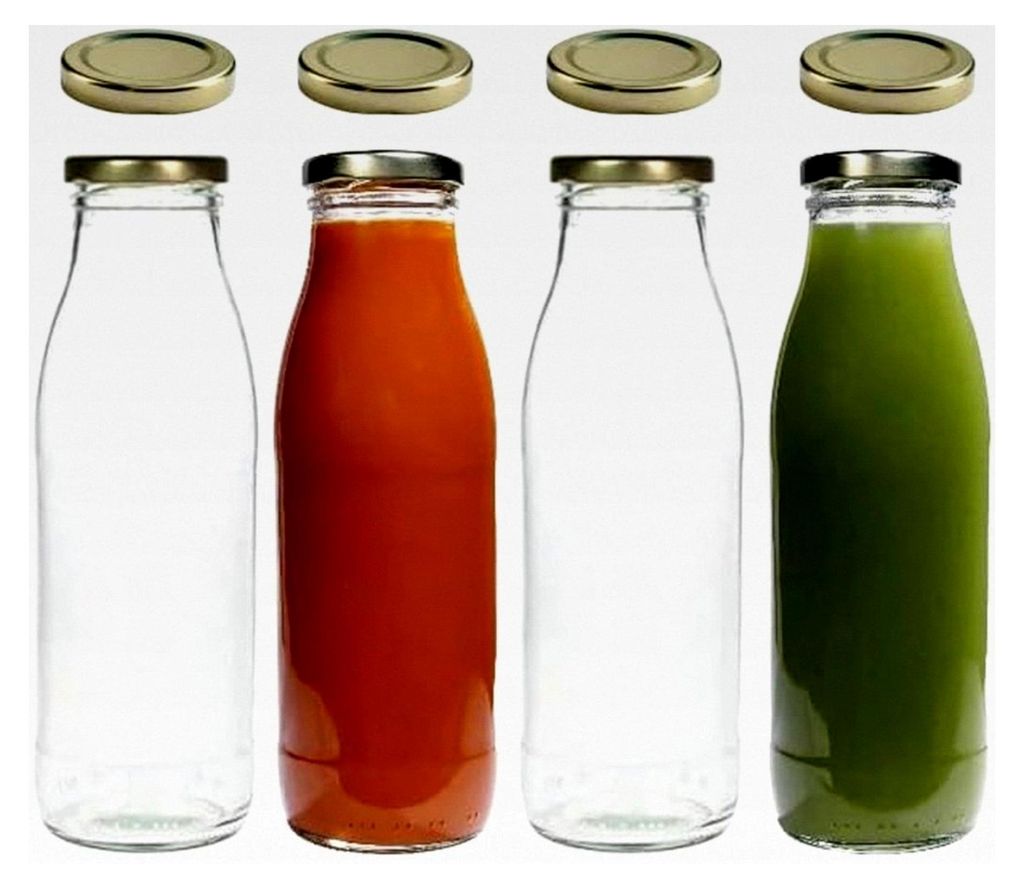 4 Glasflaschen 500 ml mit 8 Deckeln und Etiketten