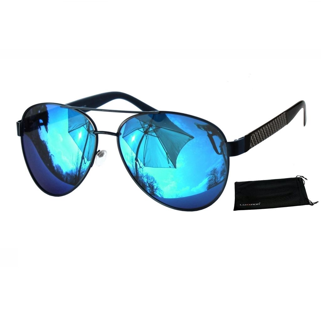 Hochwertige Pilotenbrille Schwarz Polarisiert Blau Verspiegelt Große Piloten Sonnenbrille breite Bügel in Carbon Optik