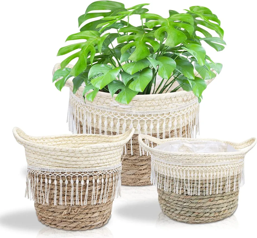 Cache-pot en jonc de mer fait main : lot de 3 paniers déco de jardin