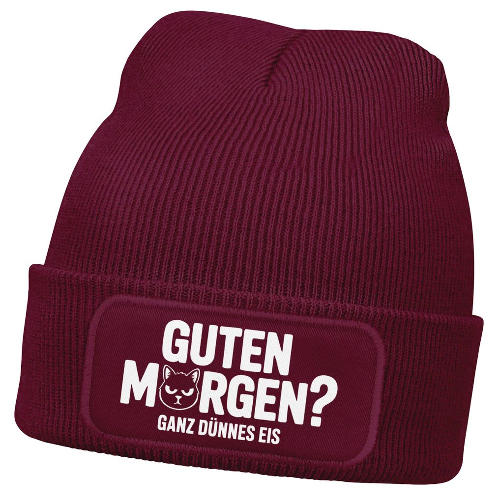 Damen Beanie Guten Morgen Katze Strickmütze mit Spruch Ganz dünnes Eis Aufdruck Lustig Damenmütze Moonworks