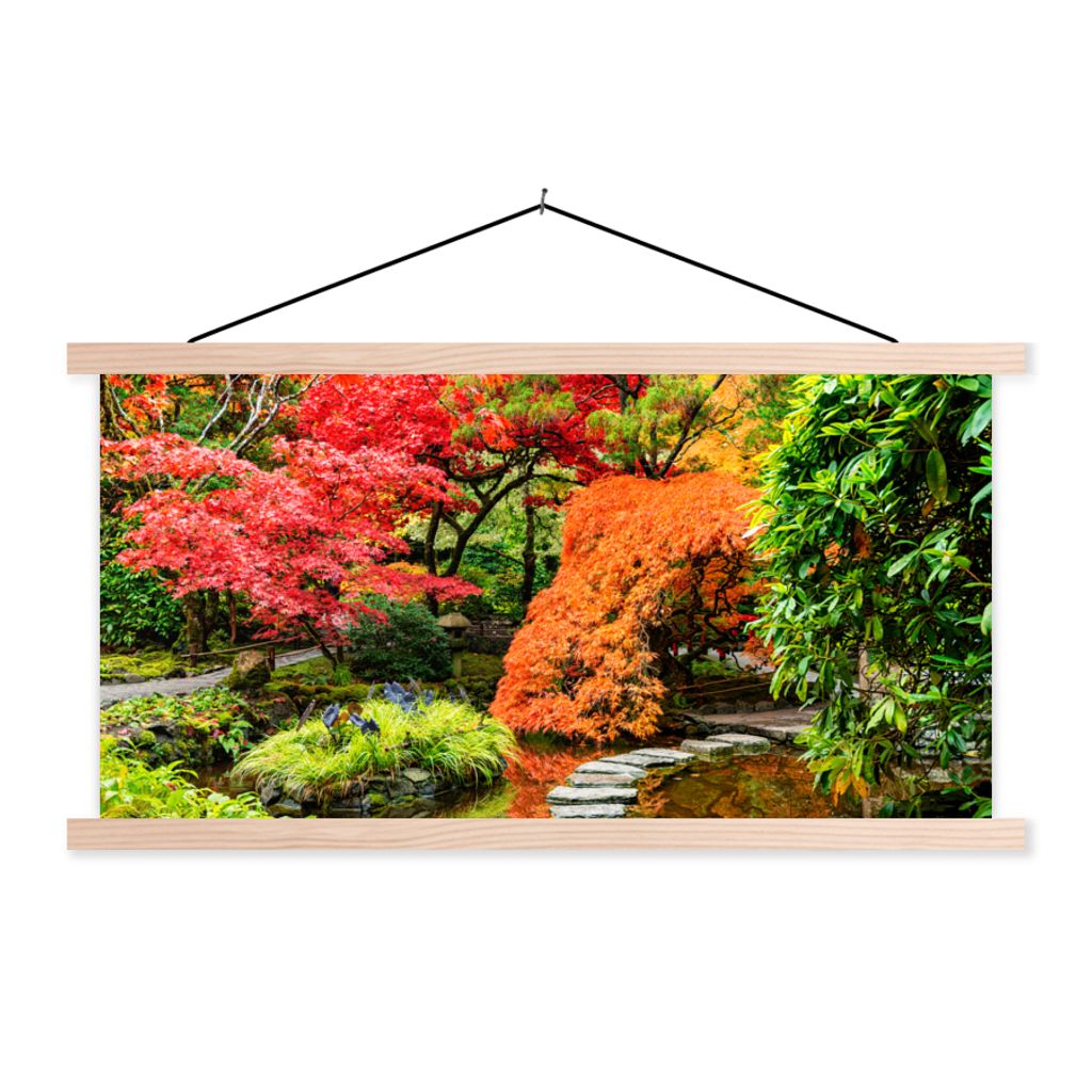 MuchoWow Textilposter Bäume - Japanisch - Steine - Weg - Natur 120x60 cm mit holzfarbenen Rahmen - Klemmleiste