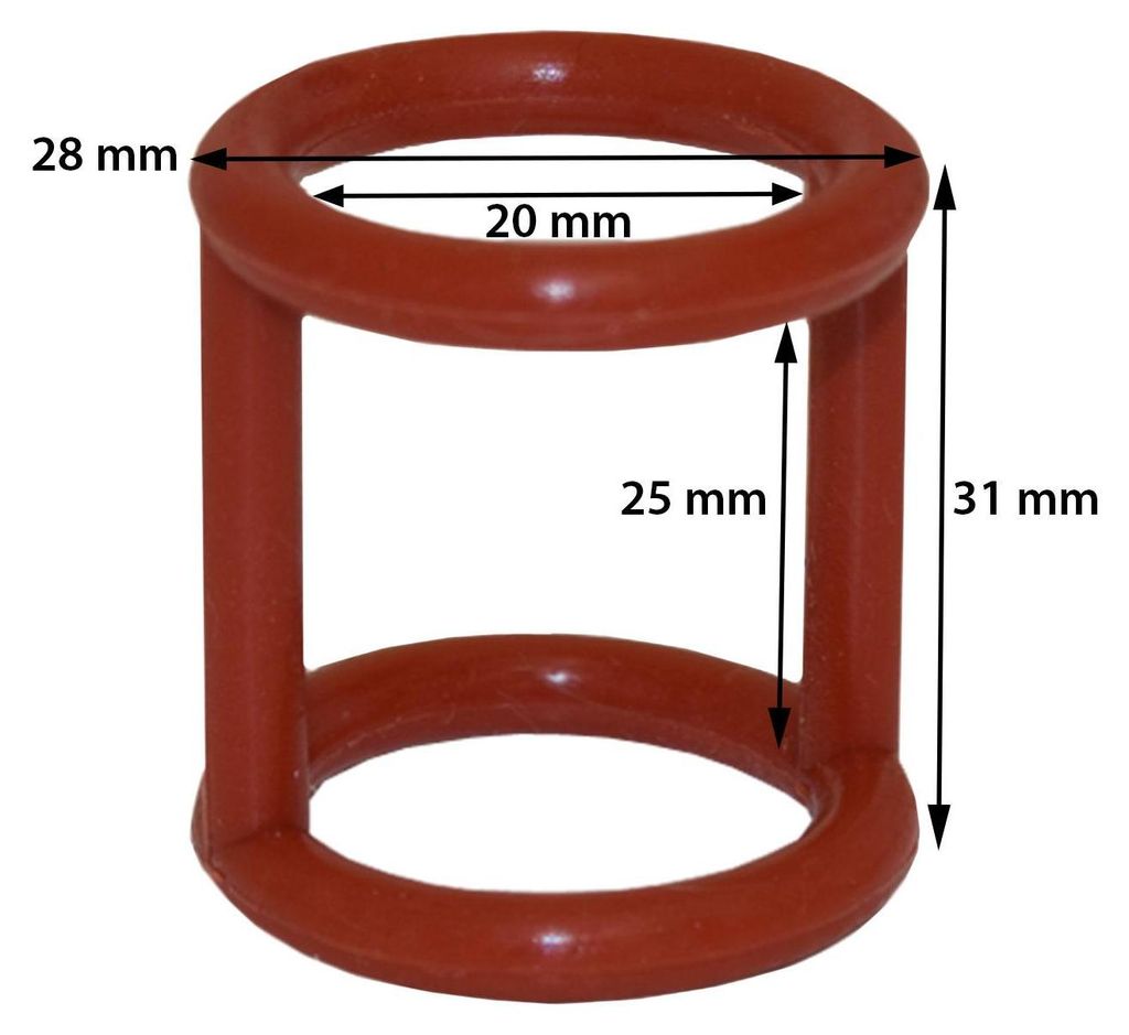 A red silicone gasket for a soft-serve ice cream machine, with dimensions indicated by measurement lines and text.