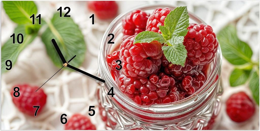 Wanduhr aus Glas mit Motiv Himbeerglas- 60 x 30 cm - inkl. Aufhängesystem