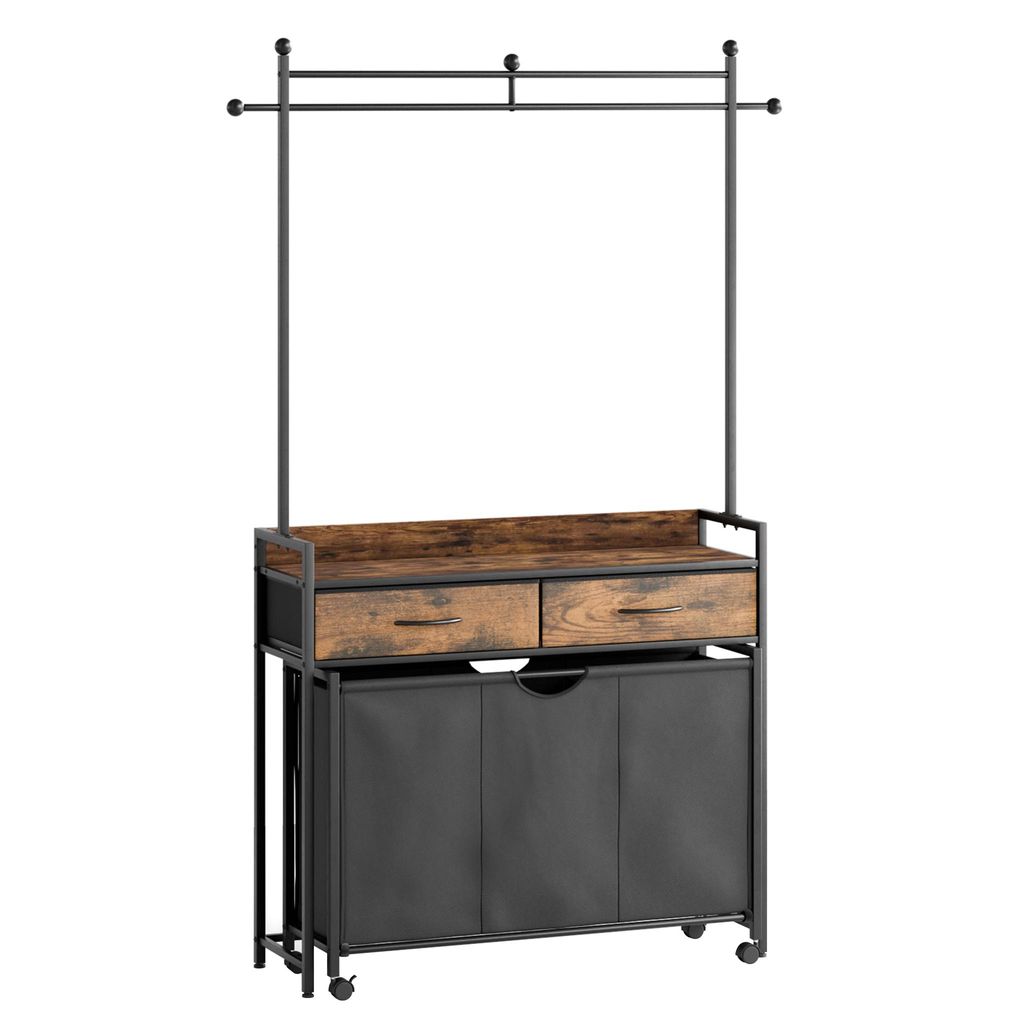 Mondeer Wäschewagen mit Schubladen Wäschesack Ablage, Aufhängeleiste & Rollen, stabil kippsicher & platzsparend 129 x 33 x 199 cm Schwarz