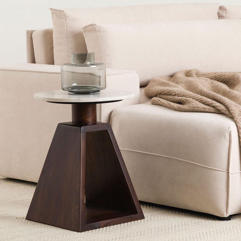 Beistelltisch MYSORE mit Tischplatte aus Marmor, 40 cm, Weiß/Braun - Runder Wohnzimmertisch aus Mangoholz, Couchtisch Marmor, kleiner Tisch mit of...