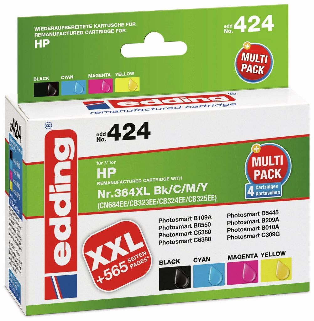 The image shows the retail packaging of an Edding multipack of HP ink cartridges.