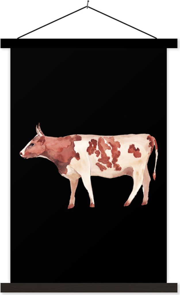 MuchoWow Textilposter Kuh - Illustration - Braun 60x90 cm mit schwarzem Rahmen - Poster Wohnzimmer