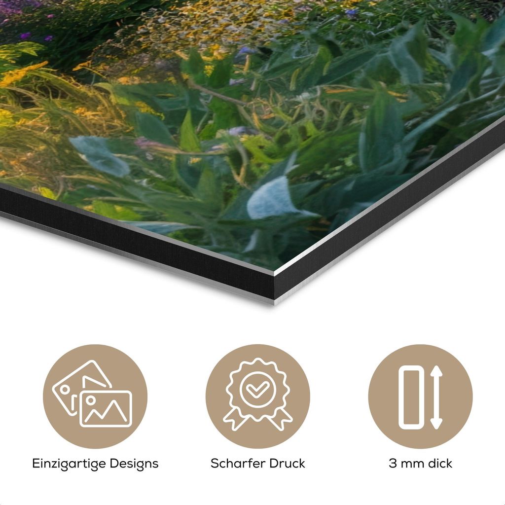 MuchoWow Wanddekoration Metall Metallbild Wandkunst 150x100 cm Weg - Blumen - Park MuchoWow Aluminium Gemälde - Alu Dibond Bild