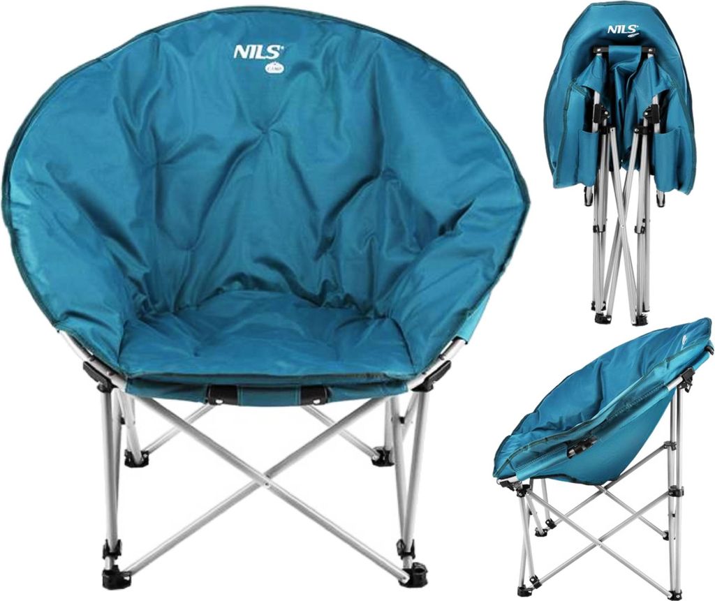 A teal camping chair is shown in three different views: fully open, folded, and partially folded.