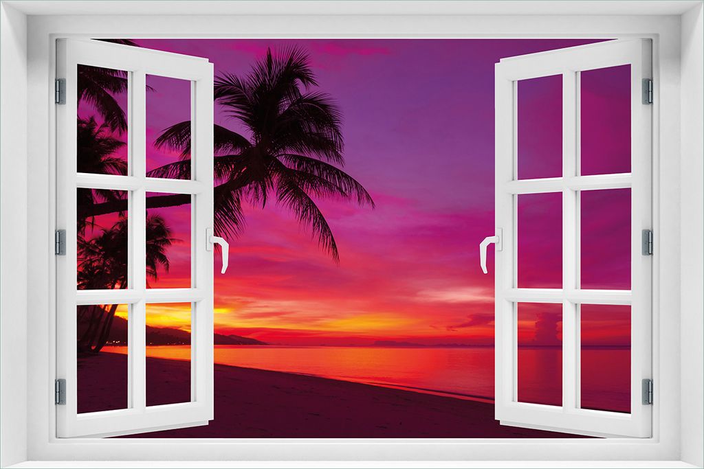 Wallario Wandbild aus Acryl, 60 x 90 cm, freischwebende Optik - Abendrot unter Palmen - pinker Himmel am Strand mit Fenster-Illusion