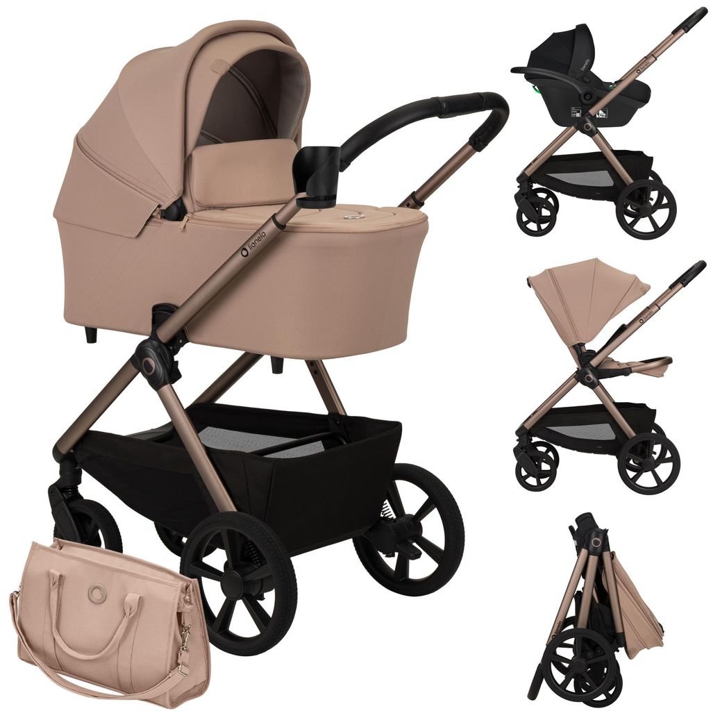 Lionelo Kinderwagen Carmine 3in1 mit Autositz i-Size, Babywanne & Buggy, GravelTech Räder, Federung, UPF50+ Beige