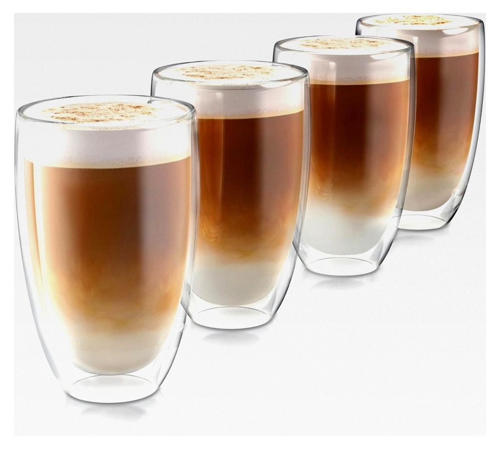 Doppelwandige Trinkgläser 450 ml mit Henkel - Latte Macchiato, Cappuccino, Tee - 4er Set - Thermotassen - spülmaschinenfest - Teetasse, Kaffeetas...