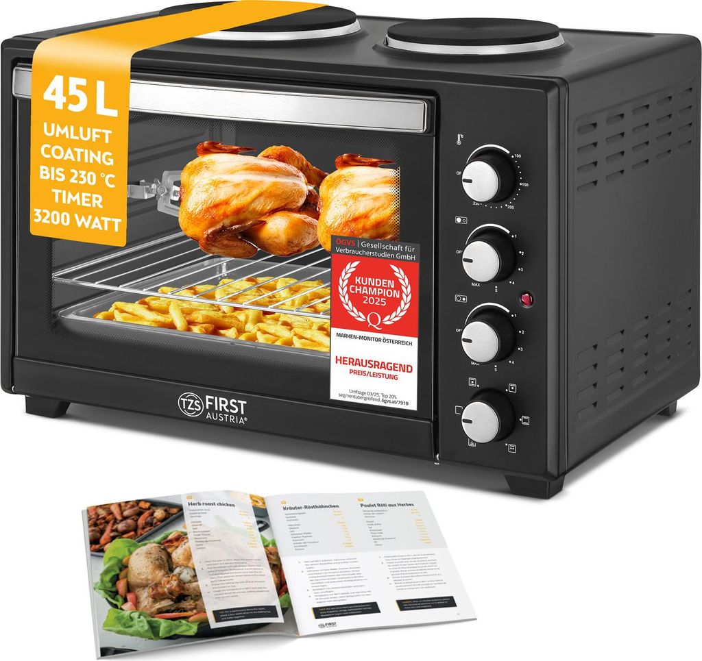TZS First Austria - Mini Backofen mit Kochplatten 45L 3200W - Premium-X Coating - Temperaturregelung bis 230°C - 3 Einschubhöhen