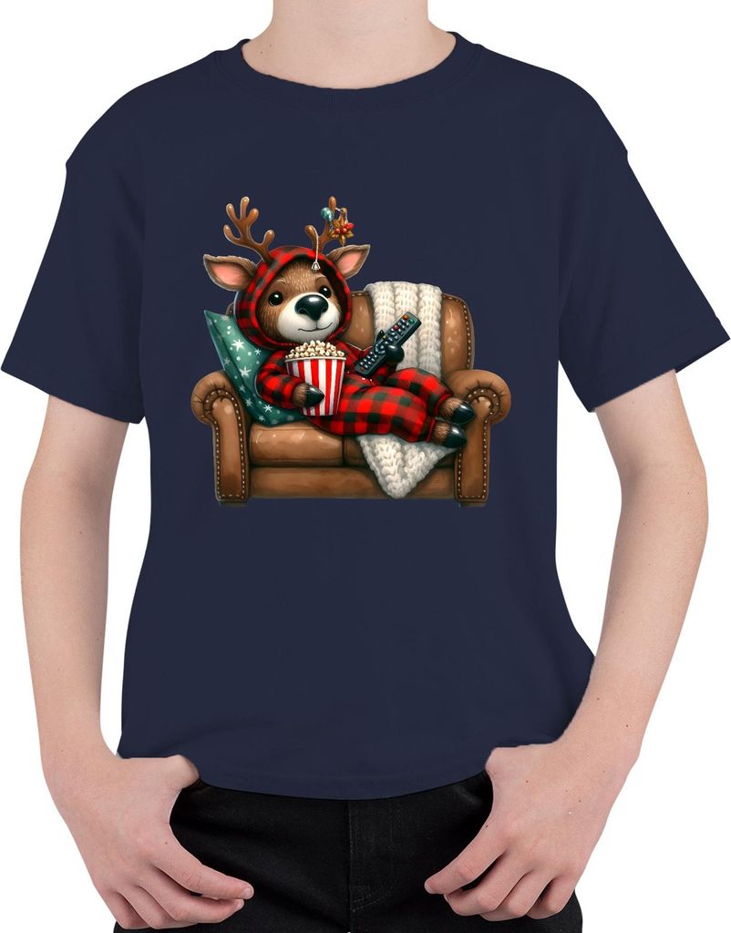 Weihnachtsrentier Kuschelig Popcorn Sofa Filmabend Geschenk Uni Kinder T-Shirt, Navy, 104