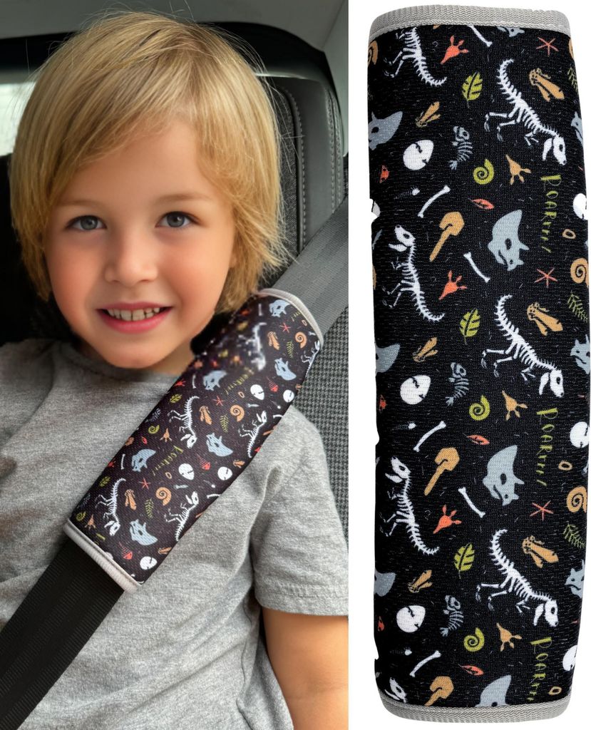 1x HECKBO Kinder Auto Gurtpolster Gurtschutz mit Dinosaurier Dino Skelett Motiv - Sicherheitsgurt Polster für Kinder und Babys- Ideal für jeden G...