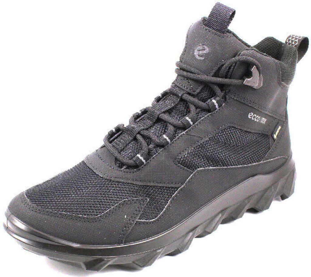 A black ECCO hiking boot is shown against a white background.