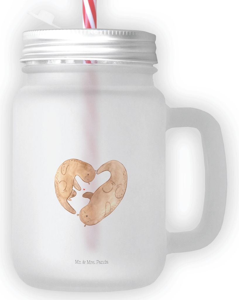Mr. & Mrs. Panda Trinkglas Otter Herz - Transparent - Geschenk, Verlobung, Liebe, Glas, Mit Strohhalm, Hochzeitstag, Trinkgefäß, Mason Jar, Decke...