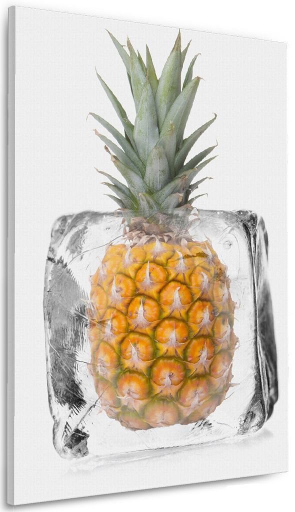 Wallario Premium Leinwandbild Ananas in Eiswürfel - Eiskaltes Obst in Größe 60 x 90 cm