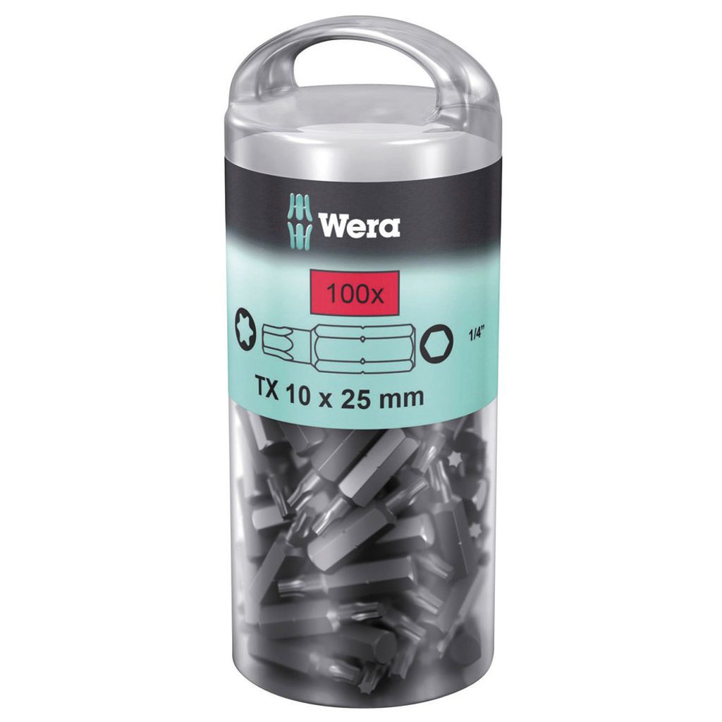 A clear, well-lit product shot of a container filled with screwdriver bits, set against a white background.