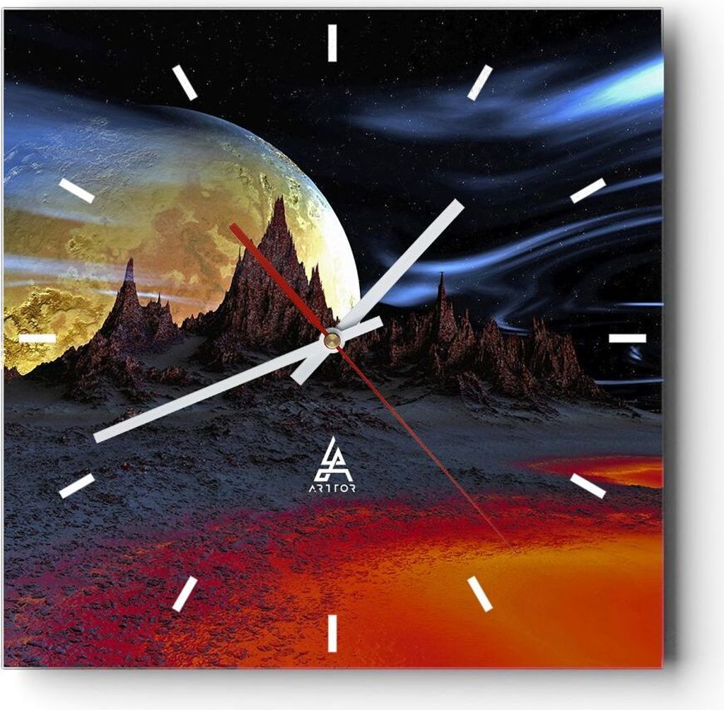 Wanduhr - Quadrat - Glasuhr - Planeten Mond Universum - 40x40cm - Schleichendes Uhrwerk - Lautlos - zum Aufhängen bereit - Dekoration Modern - Wan...