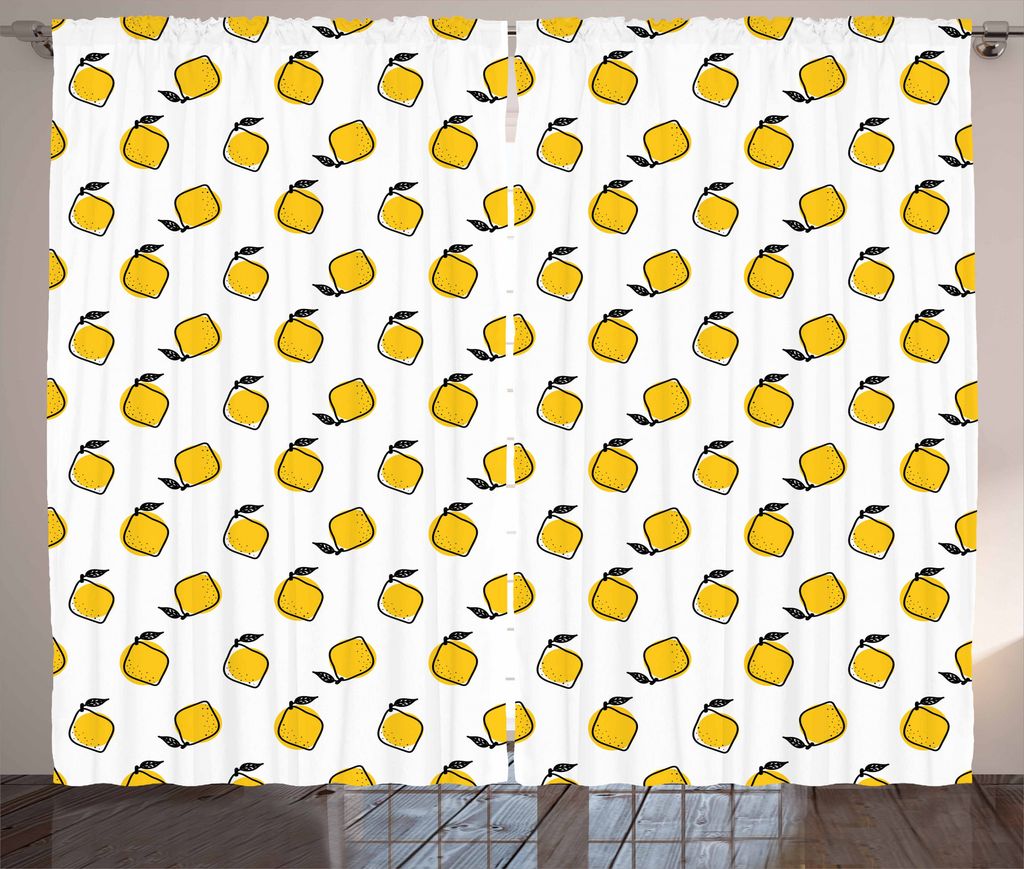 ABAKUHAUS Gelb und Weiß Rustikaler Vorhang, Doodle Zitronen, Wohnzimmer Universalband Gardinen mit Schlaufen und Haken, 280 x 175 cm, Gelb Schwarz...