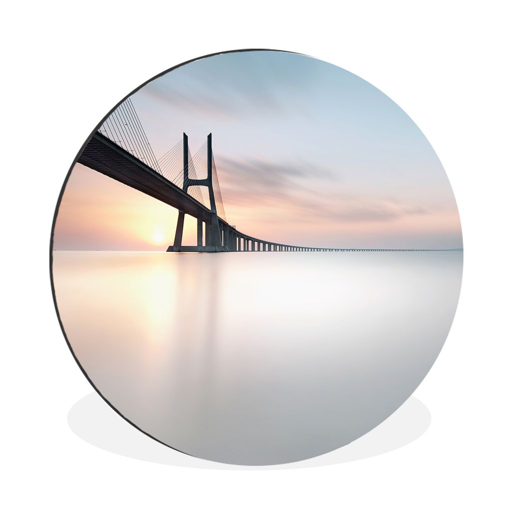 MuchoWow Aluminium Wandkreis Brücke mit schön beleuchtetem Wasser Ø 90 cm Wanddeko Modern Wohnzimmer - Mauerkreis - Wandbilder - Runde Bild - ...