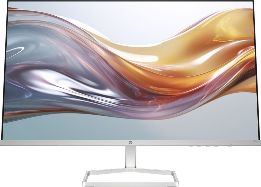 A silver HP monitor with a colorful abstract wallpaper displayed on its screen, set against a white background.