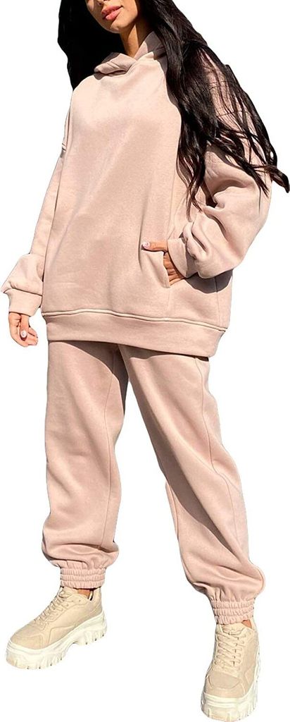 ASKSA Damen 2 Teilig Set Trainingsanzug Freizeitanzug Sportanzug Kapuzenpullover Jogginganzug, Aprikose, XL