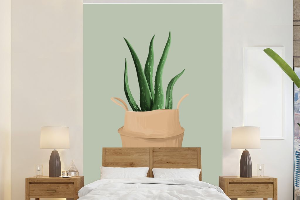 MuchoWow Fototapete für Wohnzimmer oder Schlafzimmer Wandtapete Vinyl Motivtapete Pflanzen - Aloe Vera - Blumentopf - 195x300 cm - Das Hintergru...