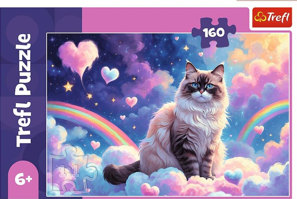 A puzzle box featuring a fluffy cat sitting on clouds with a rainbow and hearts in the background.
