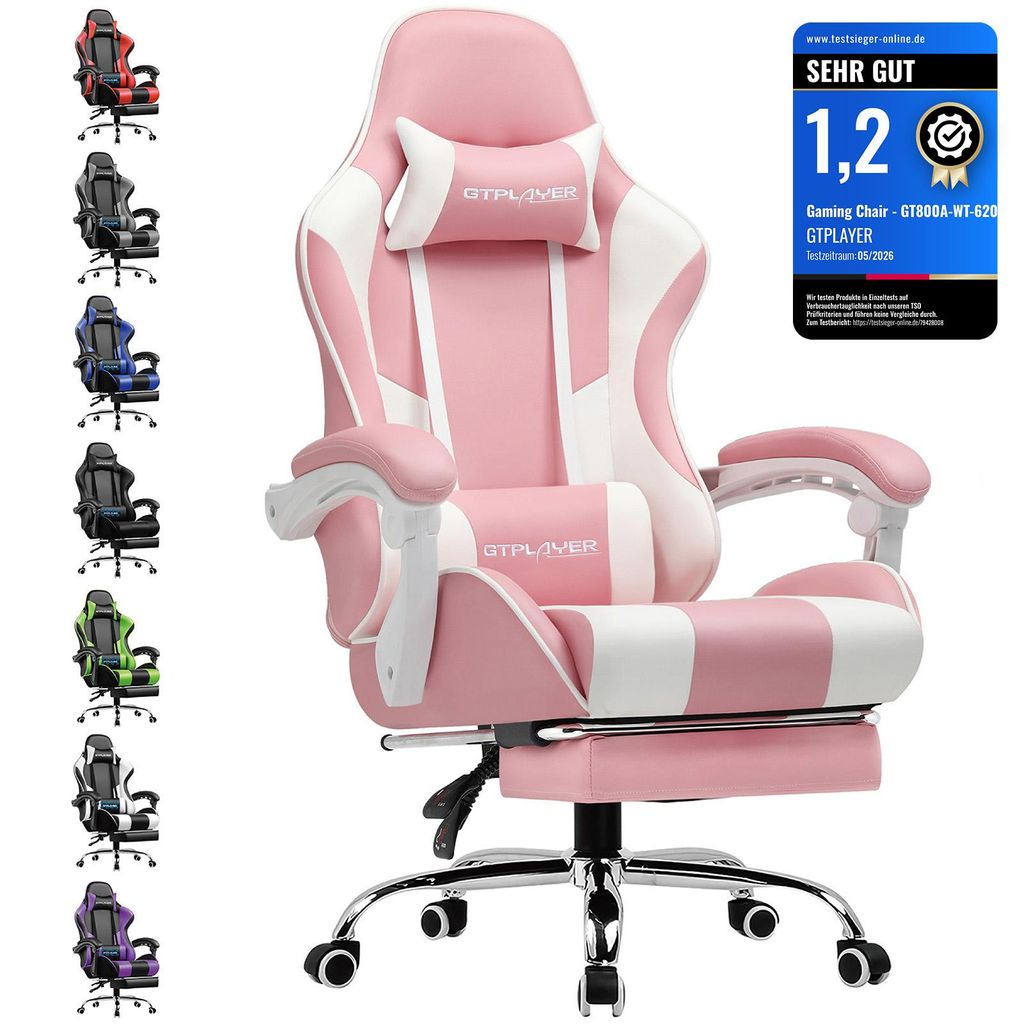 GTPLAYER Bürostuhl Gaming Stuhl Massage Gaming Sessel Ergonomischer Gamer Stuhl mit Fußstütze, Kopfstütze Massage-Lendenkissen, Gepolstert Gami...