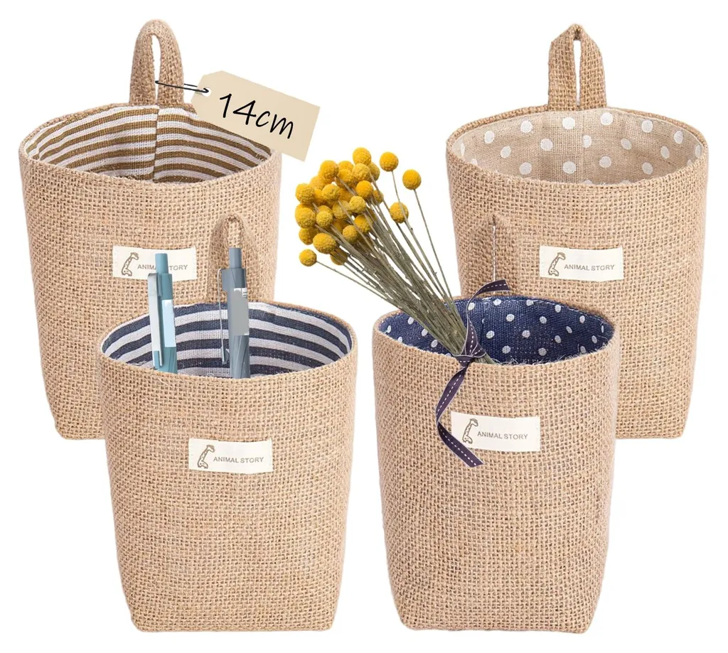 Lot de 4 paniers de rangement suspendus en coton lin avec crochets