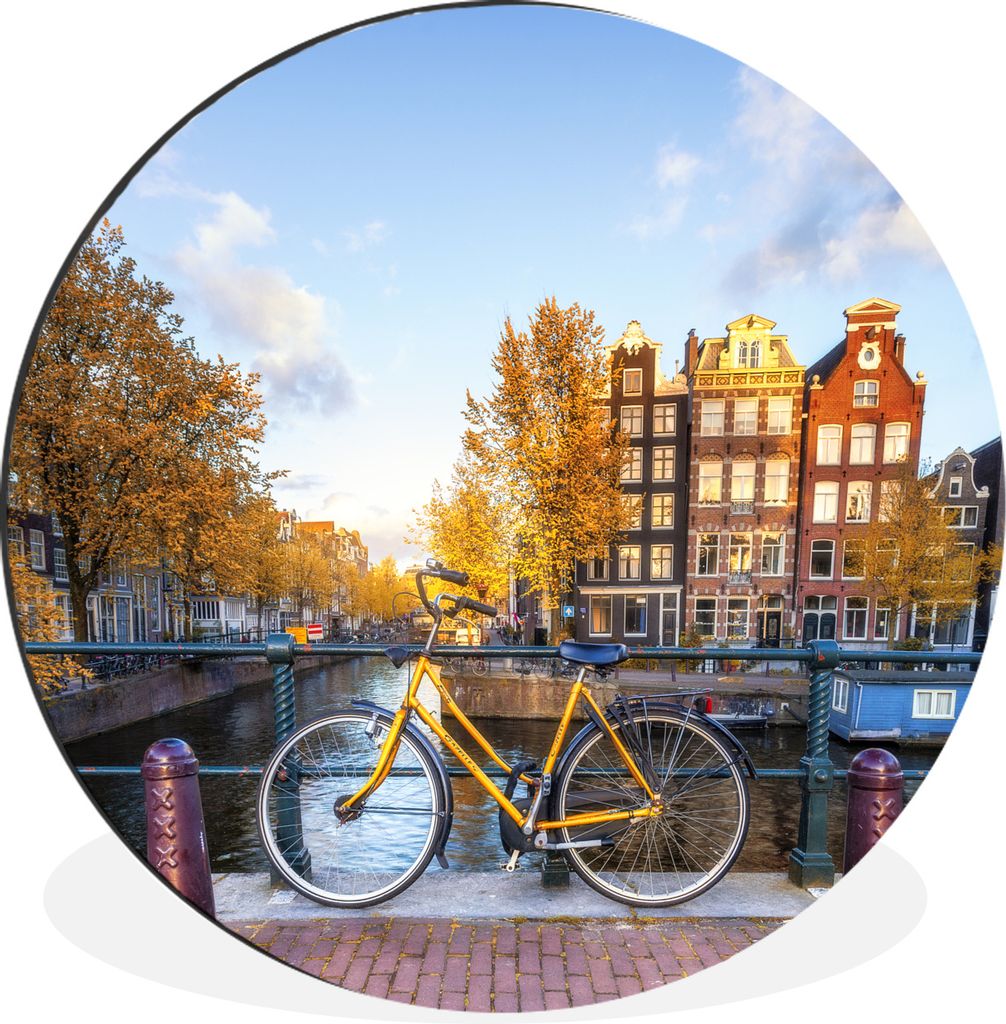 MuchoWow Aluminium Wandkreis Fahrrad vor der Gracht mit Blick auf die Amsterdamer Architektur Ø 60 cm Wanddeko Modern Wohnzimmer - Wand Kreis - ...