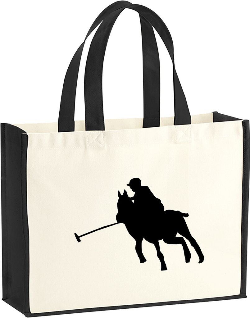Huuraa Jutetasche Polo Spieler Silhouette 21 Liter Black Jute und Baumwolle Einkaufstasche Geschenkidee