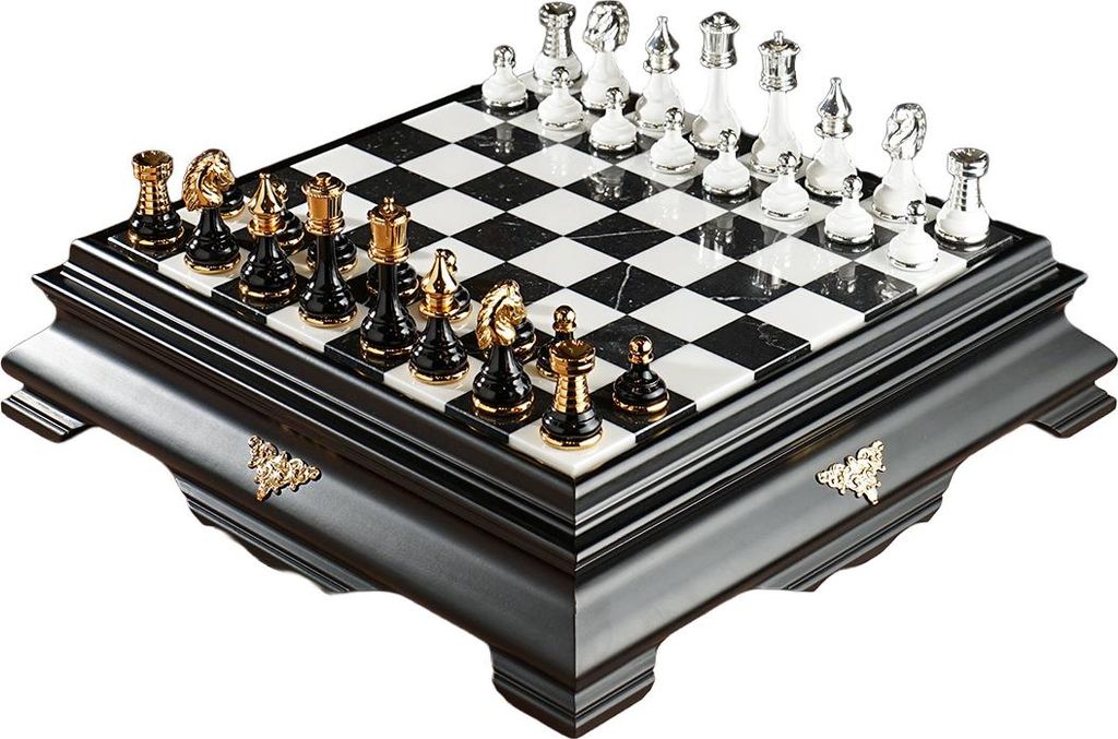 EXKLUSIVE ITALIENISCHE SCHACH - Messing, Holz, 24K Gold, 925 Silber - Marmor Schachbrett 47x47cm