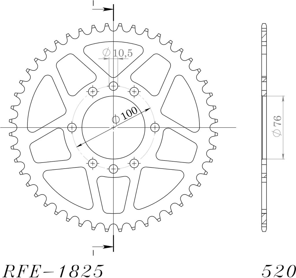 Stahl-Kettenrad Supersprox 520 - 47Z (schwarz) RFE-1825:47-BLK|ID 76,0 LK 100,0 8-Loch