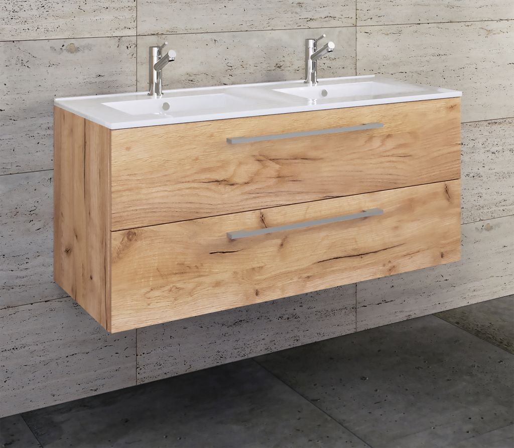 VCM 2-tlg. Doppel Waschplatz | 2x Waschtisch | Badmöbel Set mit Keramik Waschbecken | H. 51 x B. 112 x T. 46 cm | Doppelwaschbecken Budasi