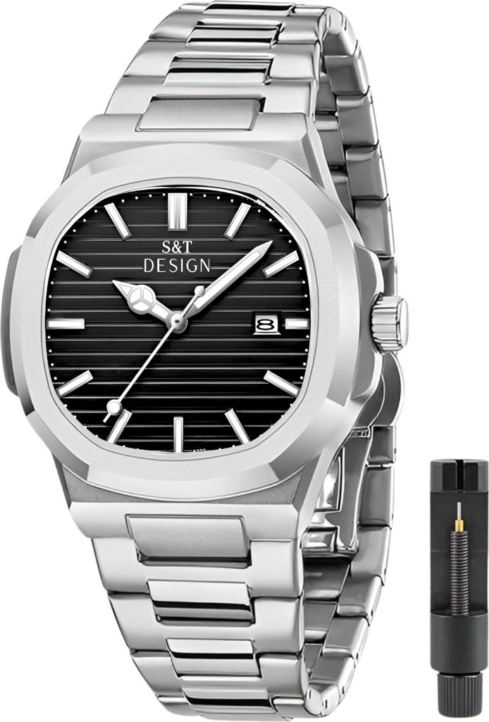 S&T Design Herren Uhr Edelstahl Schwarz Wasserdicht