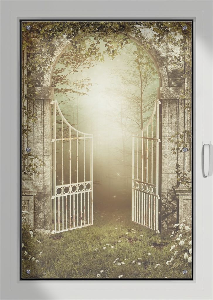 Wallario Lichtschutzbild, Dekorativer Sichtschutz Sonnenschutz 76 x 115 cm mit Motiv: Tor in den Wald - Verdunklung ohne Bohren