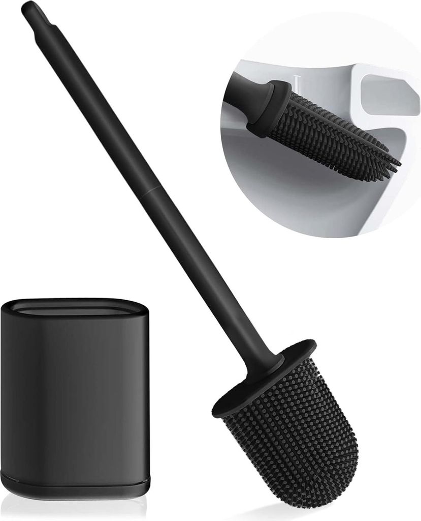 Toilettenbürsten-Set - Tief reinigende Silikon-Toilettenbürste mit TPR flexibler Bürstenkopf - Wandmontierte und stehende Toilettenbürstenhalte...