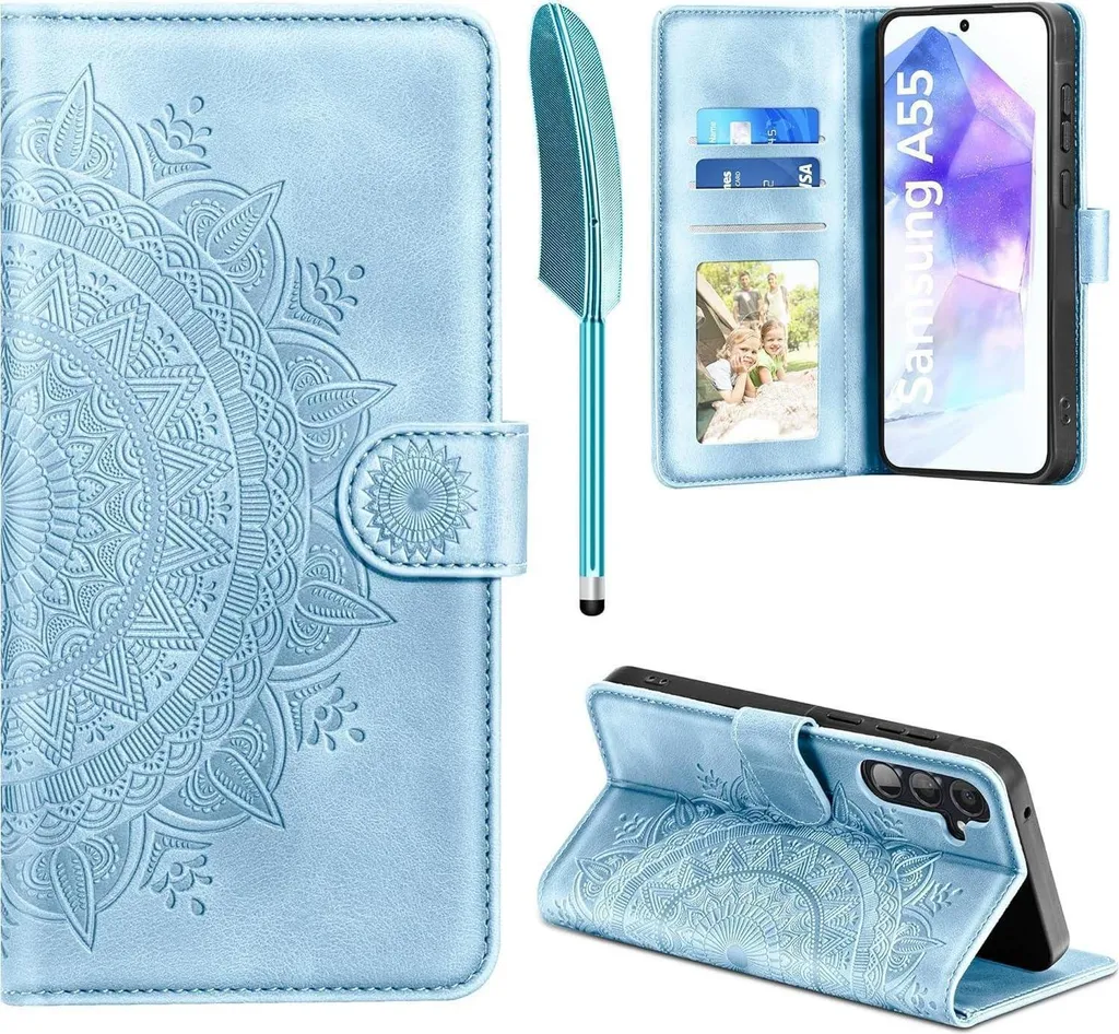 Étui Portefeuille Samsung A55 5G Housse à Rabat en Cuir Coloris Bleu Ciel