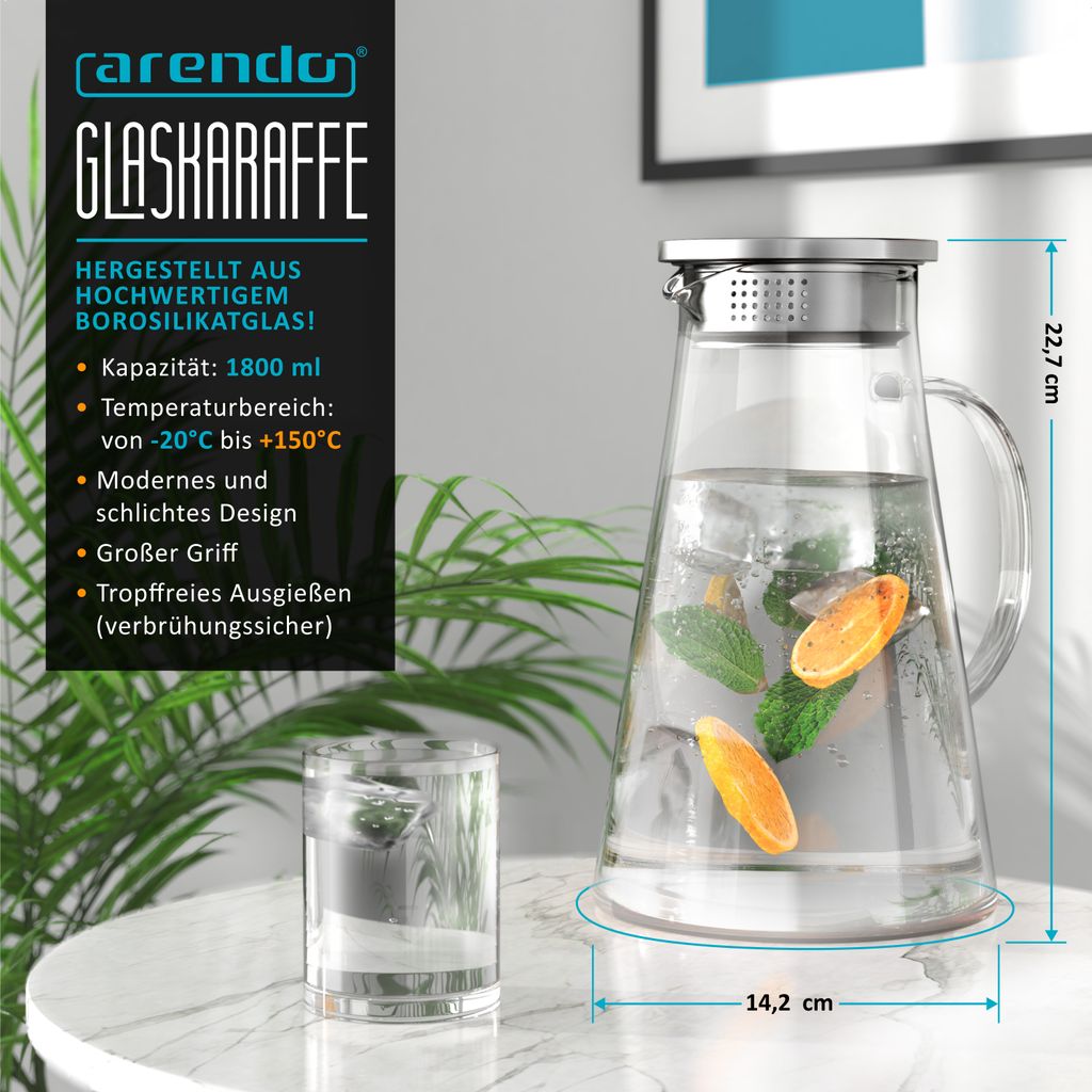 Caraffa In Vetro Borosilicato 1,8L Con Coperchio In Acciaio | Resistente Al Calore Da -20°C A 150°C | Per Acqua, Tè, Vino