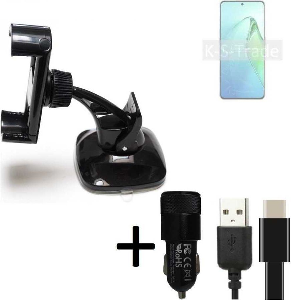 K-S-Trade Handy-Halterung kompatibel mit Oppo Reno8 Pro+ Windschutzscheibe / Armaturenbrett + LADEGERÄT mit Mico USB Kabel Autohalterung