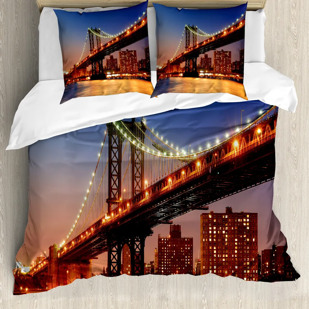 ABAKUHAUS Set copripiumino per letti matrimoniali, Manhattan Bridge di notte, antiacaro, adatto a chi soffre di allergie, con federe, arancione e blu