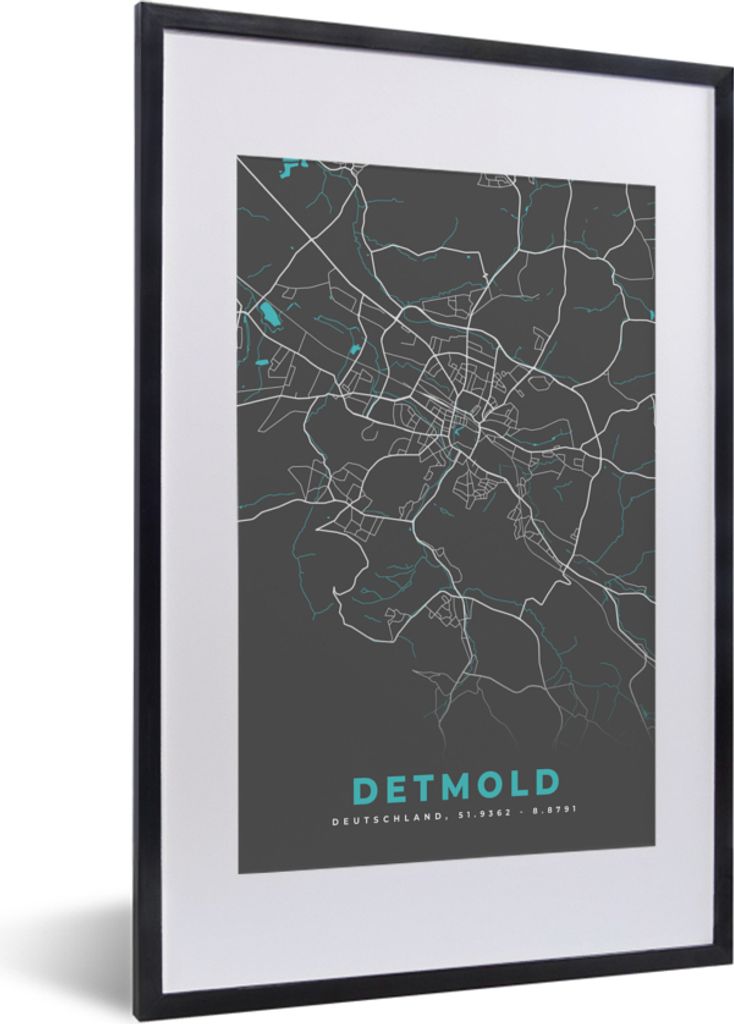 MuchoWow Gerahmtes Poster Karte - Detmold - Blau - Stadtplan - Deutschland 40x60 cm - Poster mit Schwarzem Bilderrahmen Wandposter Rahmen Foto Bi...