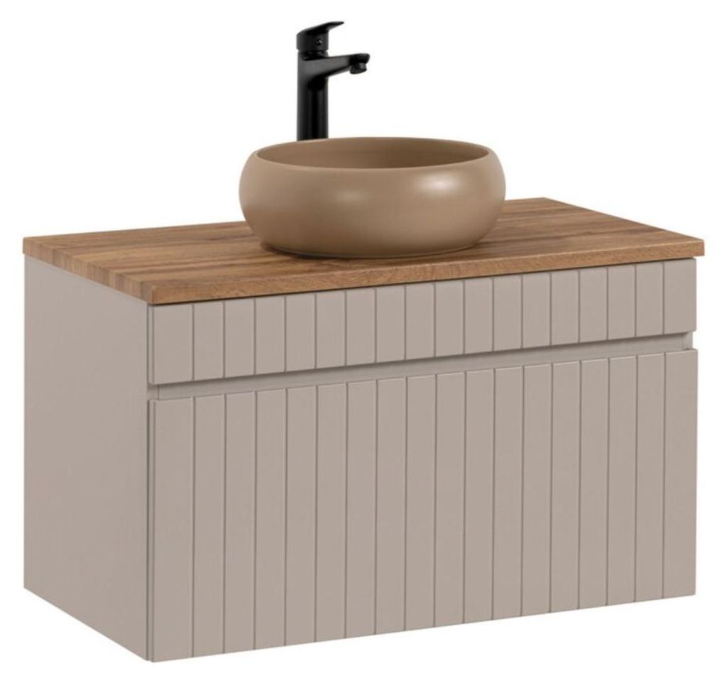 Badezimmer-Set ICON: Waschtischunterschrank 80 cm Kaschmir + Platte für Waschbecken + Aufsatzwaschbecken rund