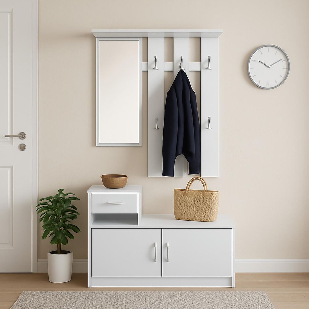 Garderobe Weiß mit Spiegel Schrank und Ablage für Flur Diele oder Eingangsbereich