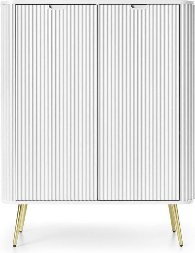 Kommode ZOVA K103 cm mit runden Ecken mit geriffelte Fronte mit 2 Türen Sideboard Weiß mit Goldene Füße