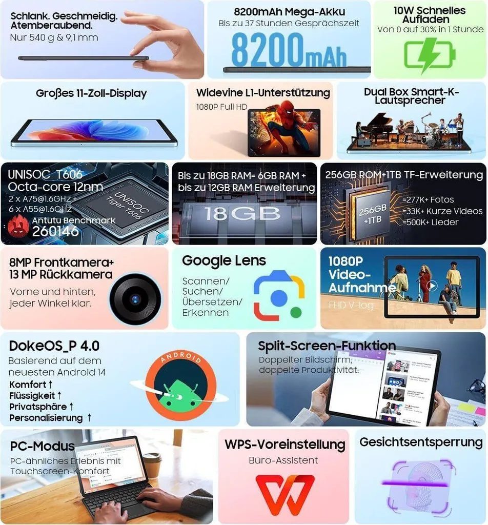 Blackview Tab 9 WiFi Tablette Android 14 de 11 Pouces 18Go 256Go Gris - 9