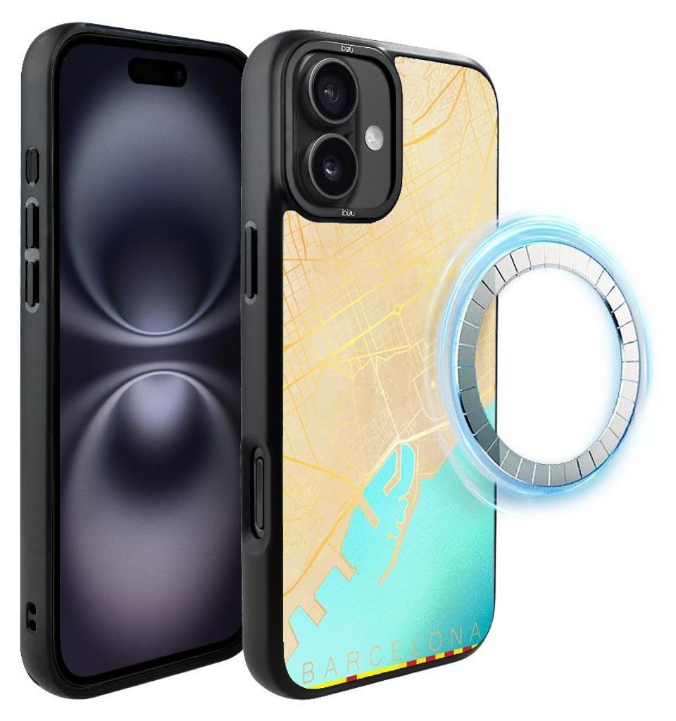 Schutzhülle für das iPhone 16, MagSafe-kompatibel, mattschwarze Seiten, Stadtplan von Barcelona